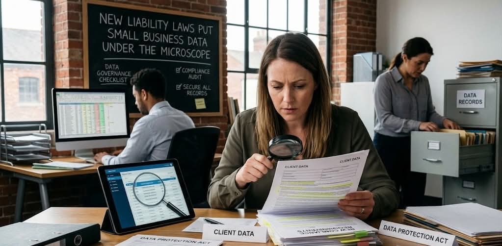 A photograph of an office scene focusing on a woman with a magnifying glass meticulously examining documents at a desk labeled 'Small Business Compliance.' In the background, other staff work on computers and file data, with a chalkboard stating: 'New Liability Laws Put Small Business Data Under the Microscope.'
